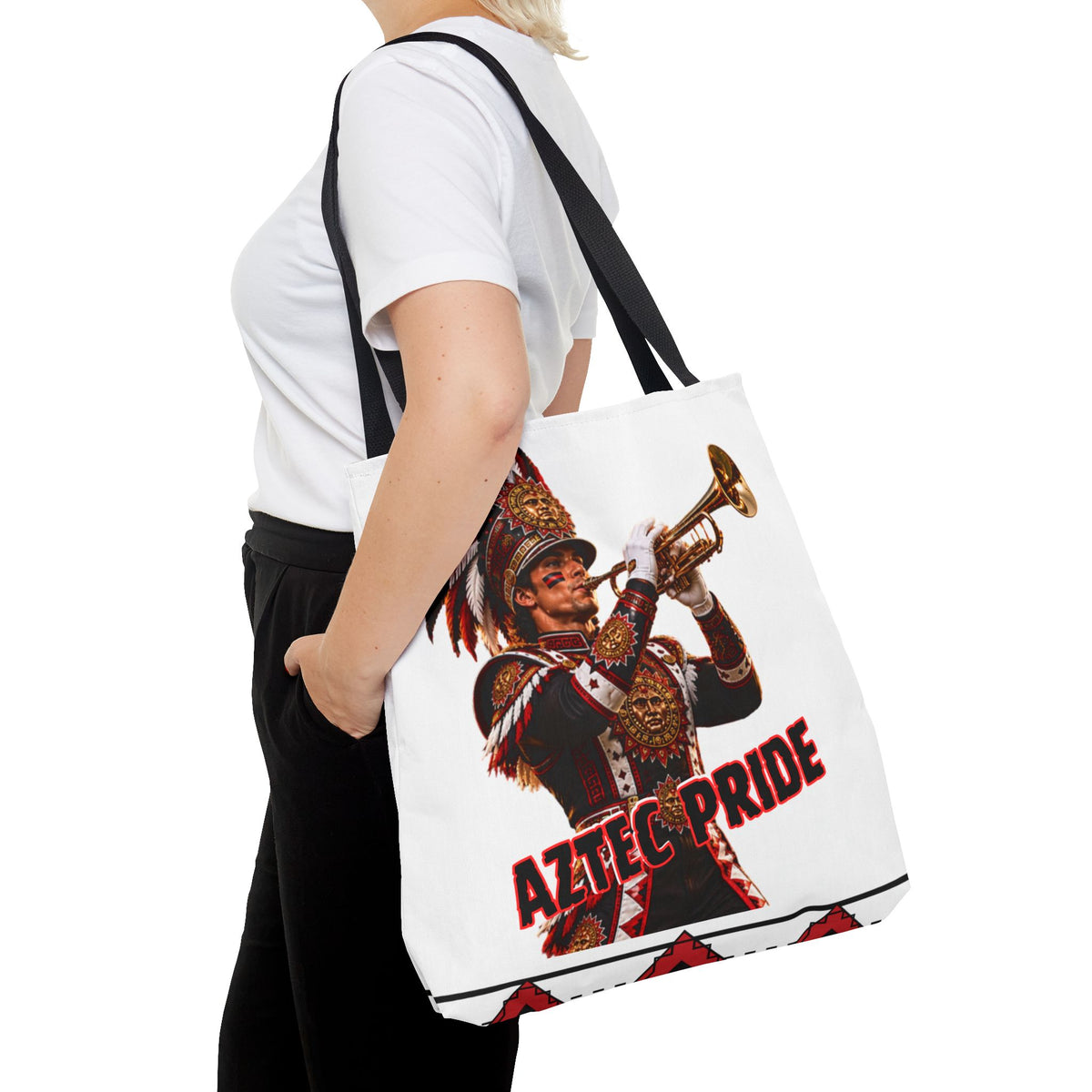 Aztec Trumpet Warrior Tote Bag | Aztec-Inspired AI Art • Made & Shipped in the USA • 🚚 FREE USA Shipping • FREE Personalization