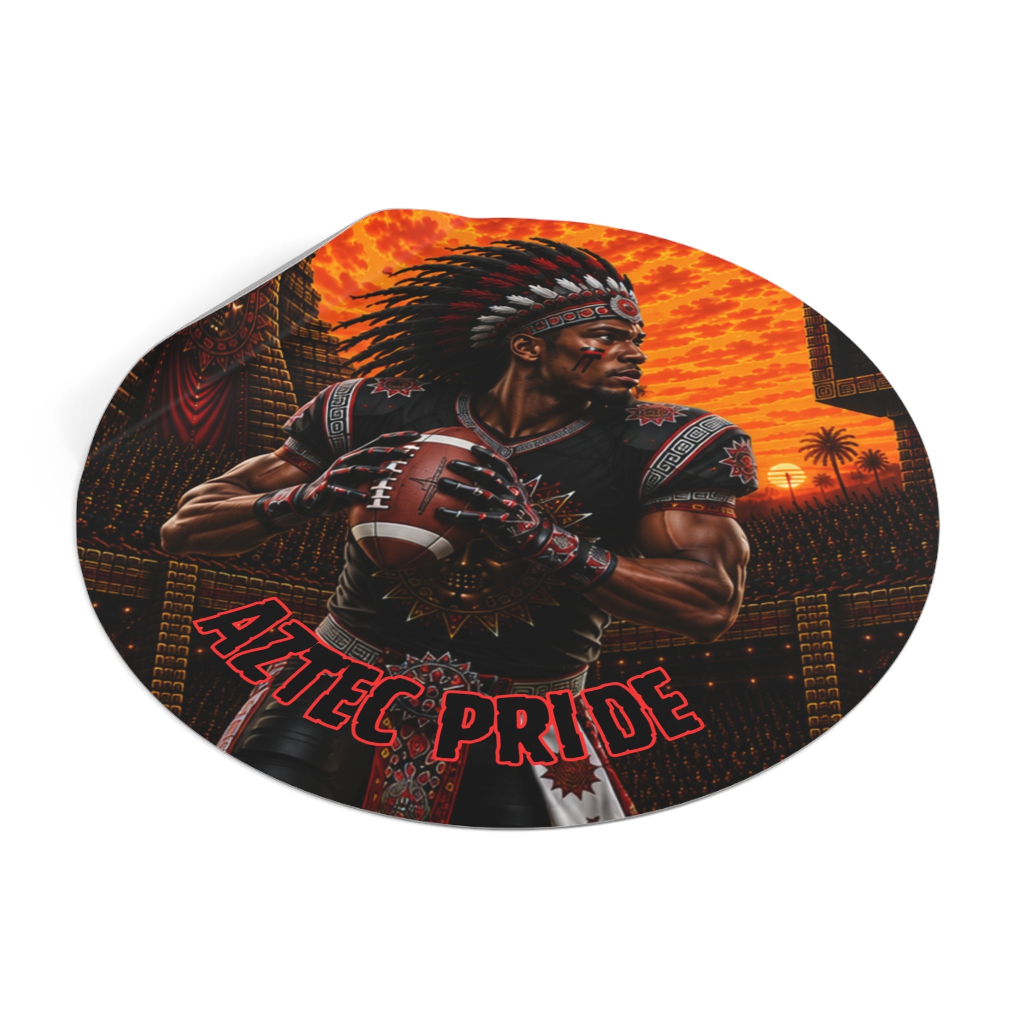Aztec Football Quarterback Warrior Round Vinyl Sticker 2”–6” | Made & Shipped in the USA • 🚚 FREE USA Shipping • Personalized Option