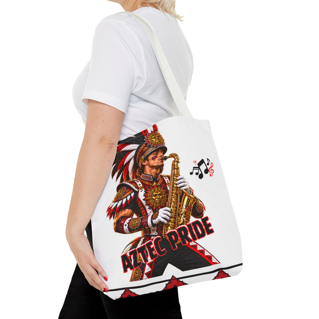 Aztec Saxophone Warrior Tote Bag | Aztec-Inspired AI Art • Made & Shipped in the USA • 🚚 FREE USA Shipping • FREE Personalization