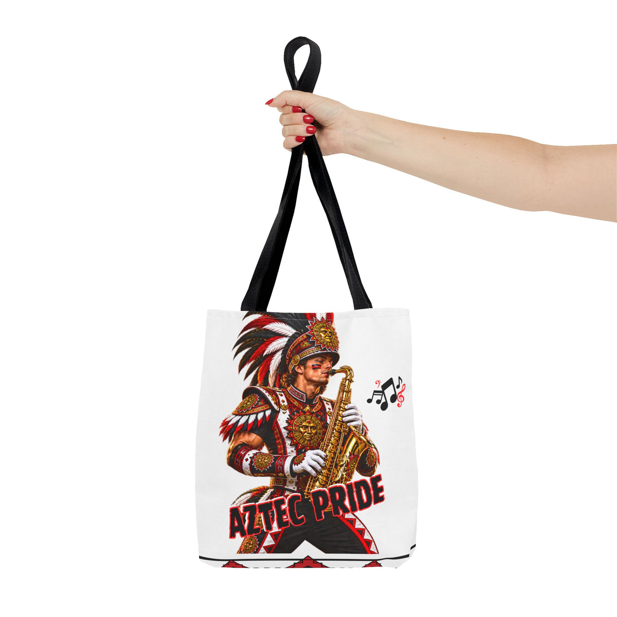 Aztec Saxophone Warrior Tote Bag | Aztec-Inspired AI Art • Made & Shipped in the USA • 🚚 FREE USA Shipping • FREE Personalization
