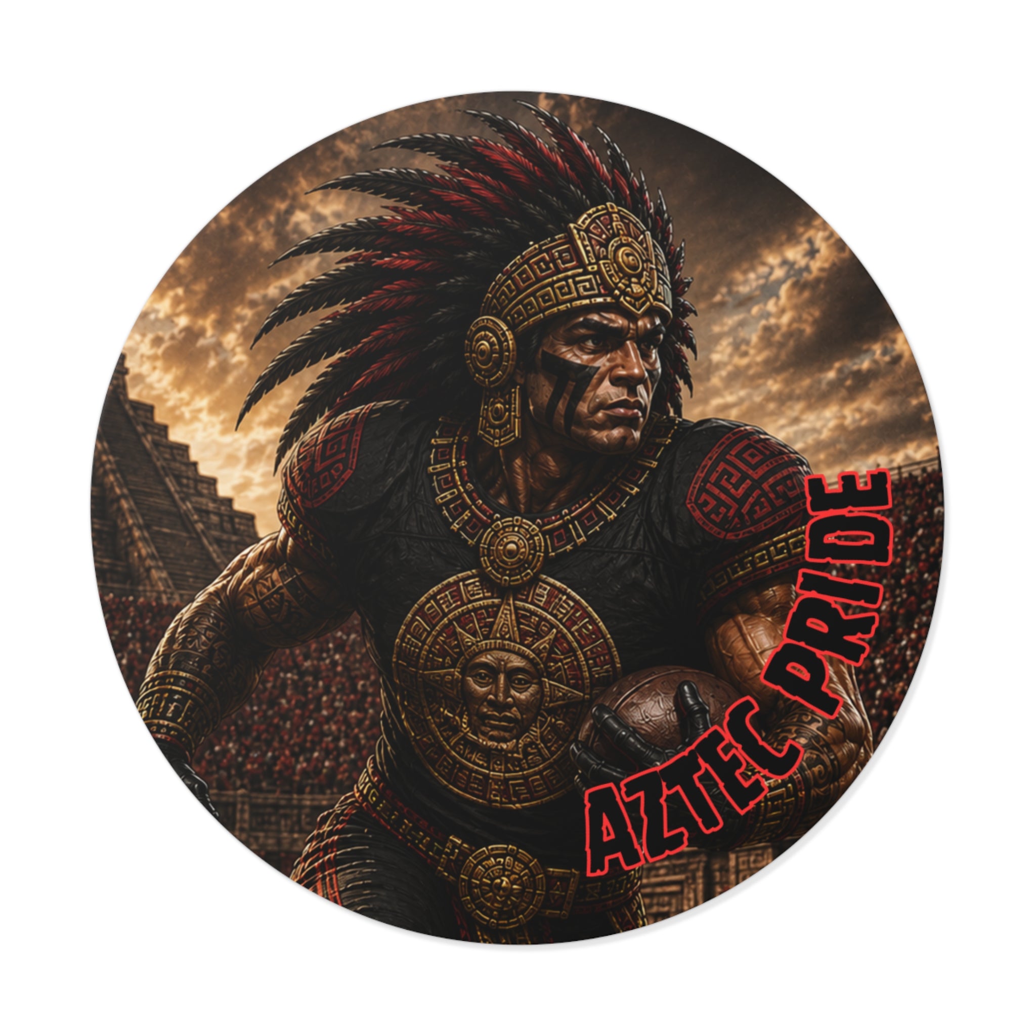 Aztec Football Running Back Warrior Round Vinyl Sticker - Waterproof Matte Decal 2”-6” | Aztec-Inspired AI Art | GringoArte