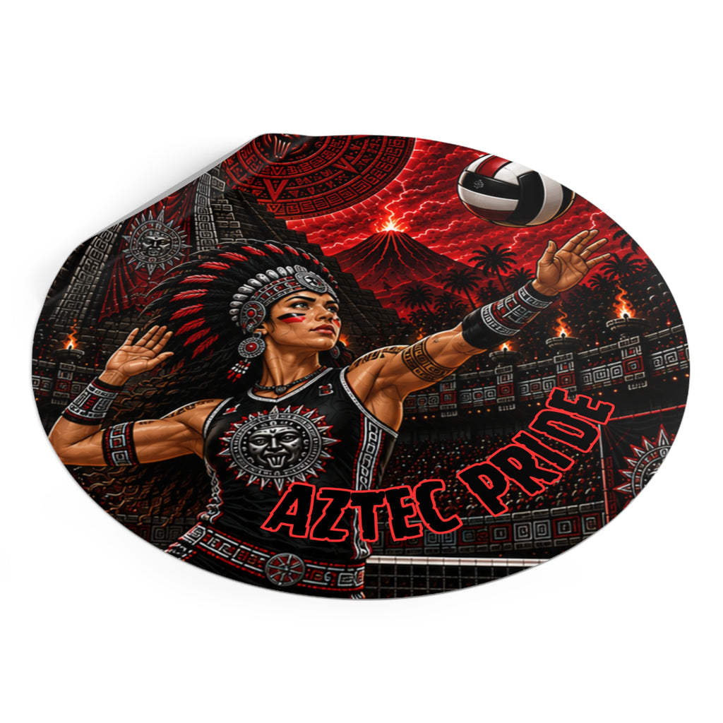 Aztec Volleyball Warrior Round Vinyl Sticker – Waterproof Matte Decal (2”–6”) | Aztec-Inspired AI Art | GringoArte