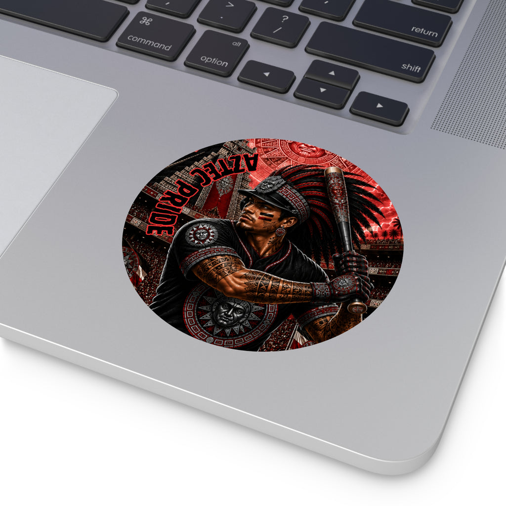 Aztec Baseball Warrior Round Vinyl Sticker – Waterproof Matte Decal (2”–6”) | Aztec-Inspired AI Art | GringoArte
