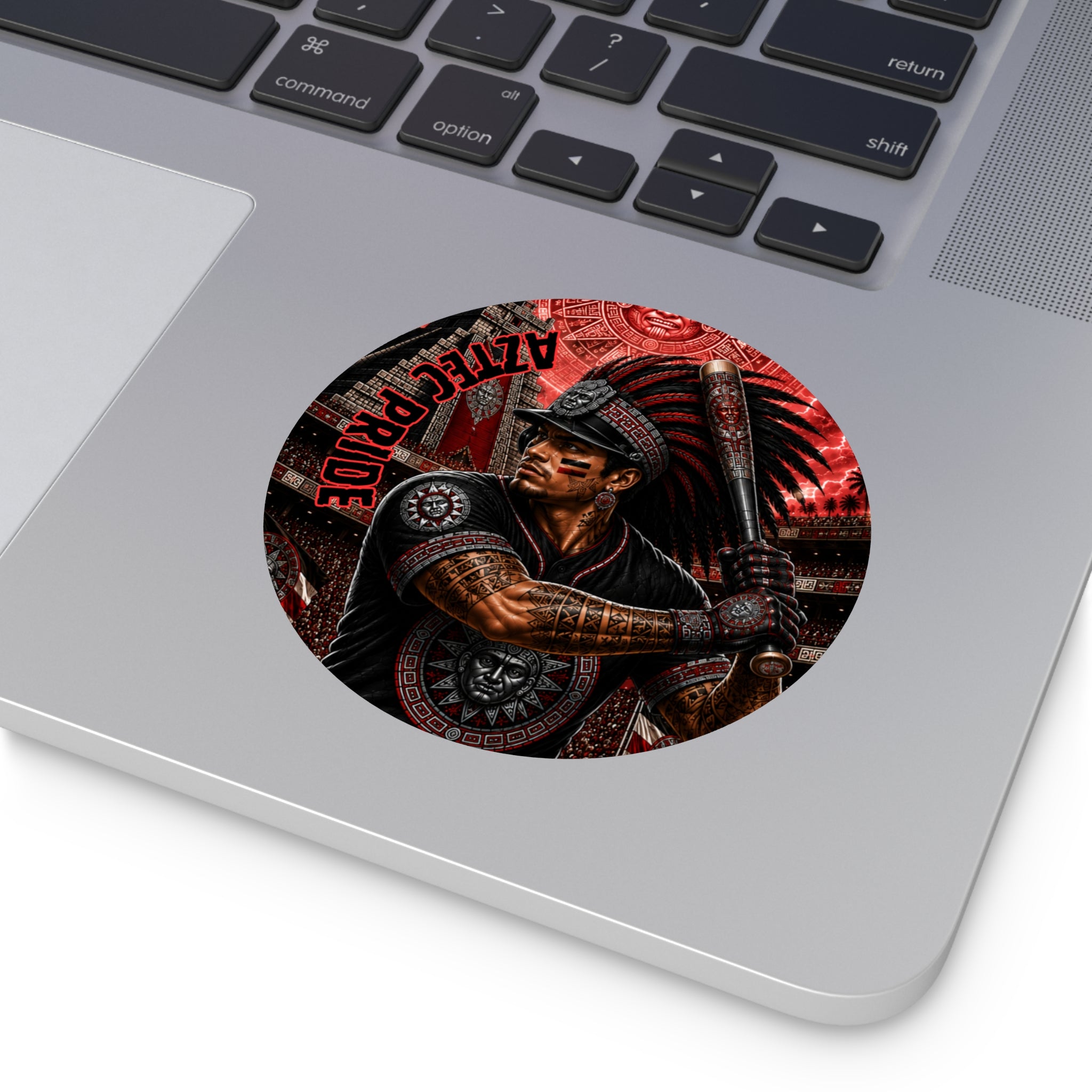 Aztec Baseball Warrior Round Vinyl Sticker – Waterproof Matte Decal (2”–6”) | Aztec-Inspired AI Art | GringoArte