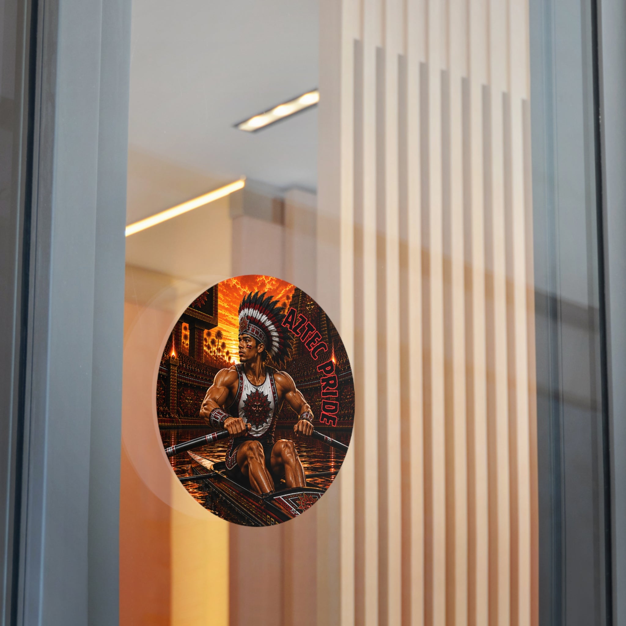 Aztec Rowing Warrior Round Vinyl Sticker 2”–6” | Made & Shipped in the USA • 🚚 FREE USA Shipping • Personalized Option