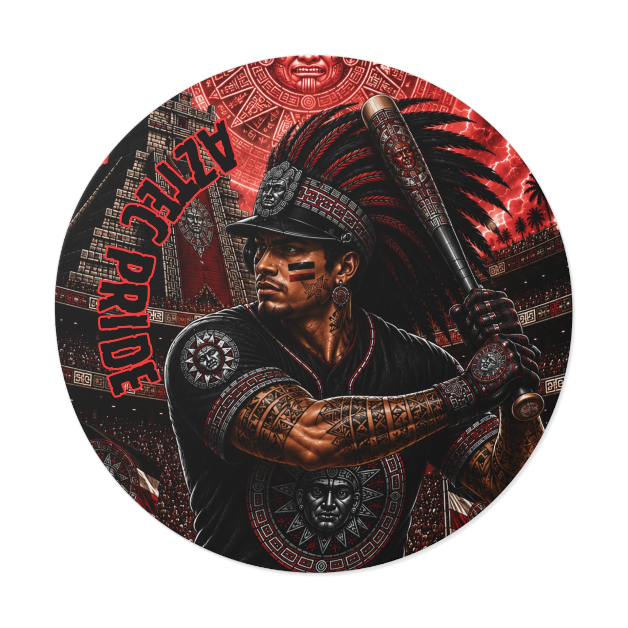 Aztec Baseball Warrior Round Vinyl Sticker – Waterproof Matte Decal (2”–6”) | Aztec-Inspired AI Art | GringoArte