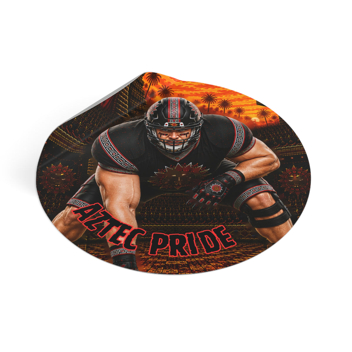 Aztec Football O-Line Warrior Round Vinyl Sticker 2”–6” | Made & Shipped in the USA • 🚚 FREE USA Shipping • Personalized Option