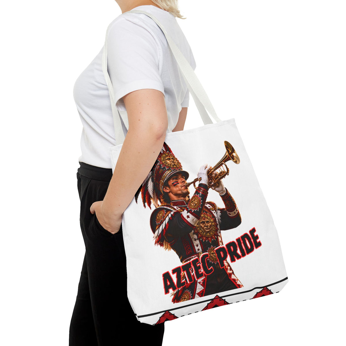 Aztec Trumpet Warrior Tote Bag | Aztec-Inspired AI Art • Made & Shipped in the USA • 🚚 FREE USA Shipping • FREE Personalization