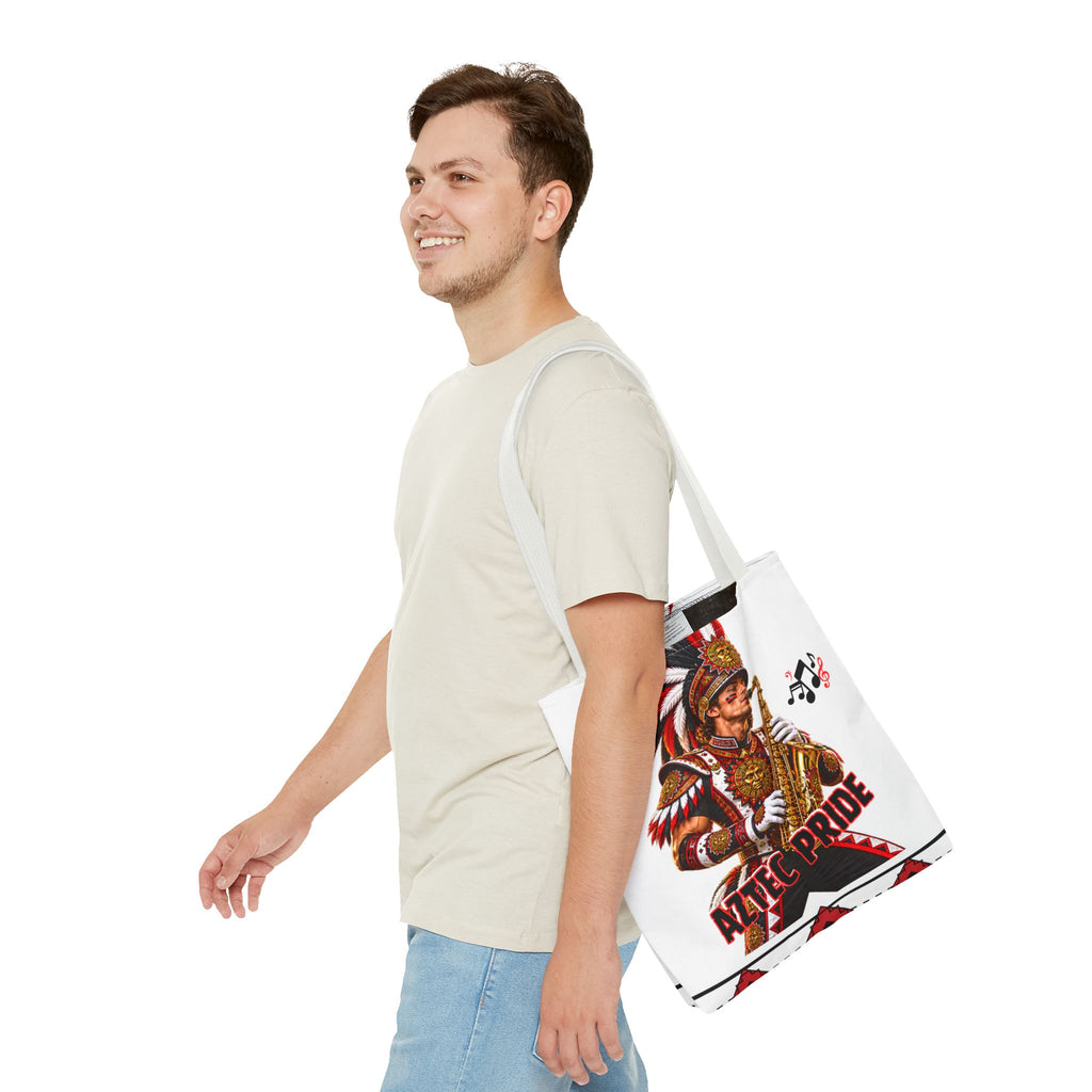 Aztec Saxophone Warrior Tote Bag | Aztec-Inspired AI Art • Made & Shipped in the USA • 🚚 FREE USA Shipping • FREE Personalization
