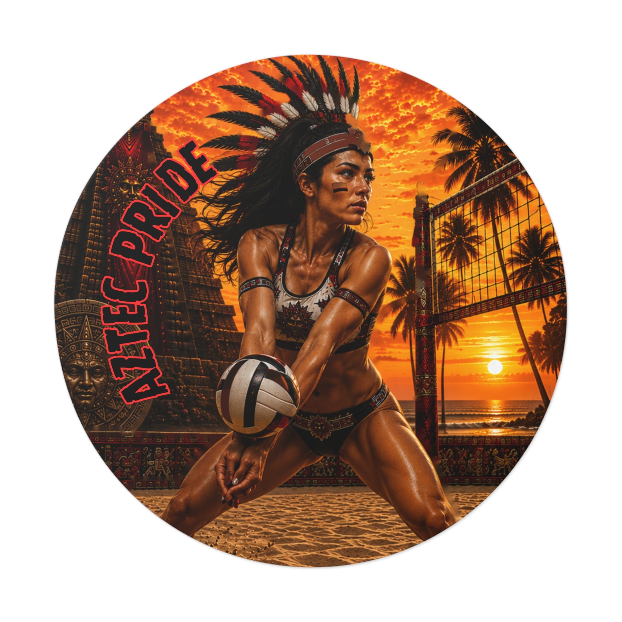 Aztec Beach Volleyball Warrior Round Vinyl Sticker 2”–6” | Made & Shipped in the USA • 🚚 FREE USA Shipping • Personalized Option